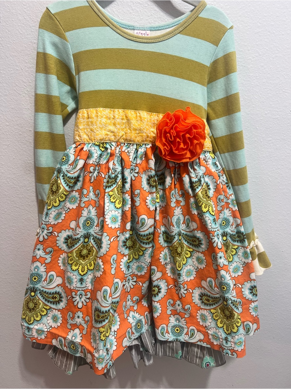 Giggle Girls Striped Floral Dress with Orange Flower Sz 7